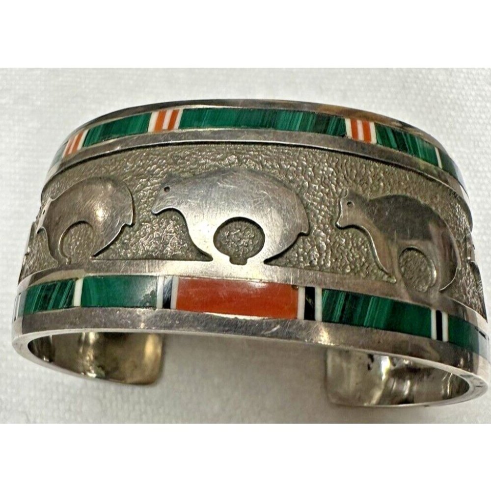 Navajo Roland Begay RB Sterling .925 Storyteller Bear Stone Inlay Cuff Bracelet